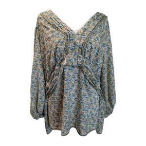 Max Studio Women's Size 2X Boho Floral Jaipur Print Blue Top Shirt Cottagecore